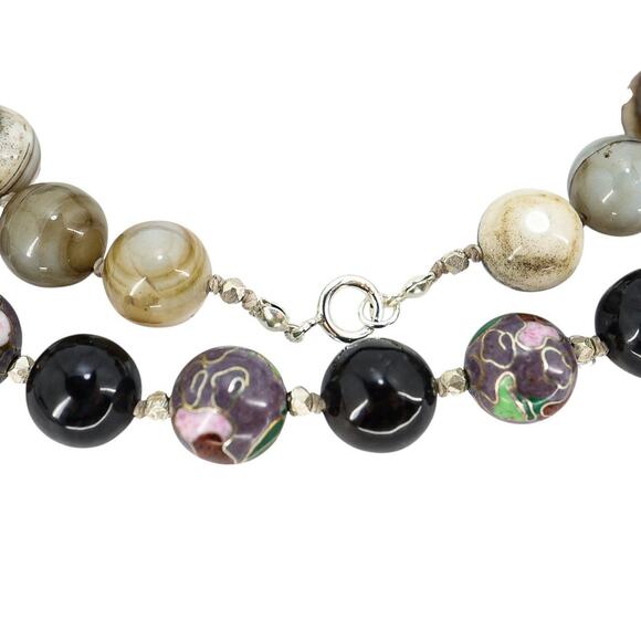 Vintage Style Banded Agate Cloisonne & Sterling Silver Beaded Necklace 24” Boho - Picture 4 of 7
